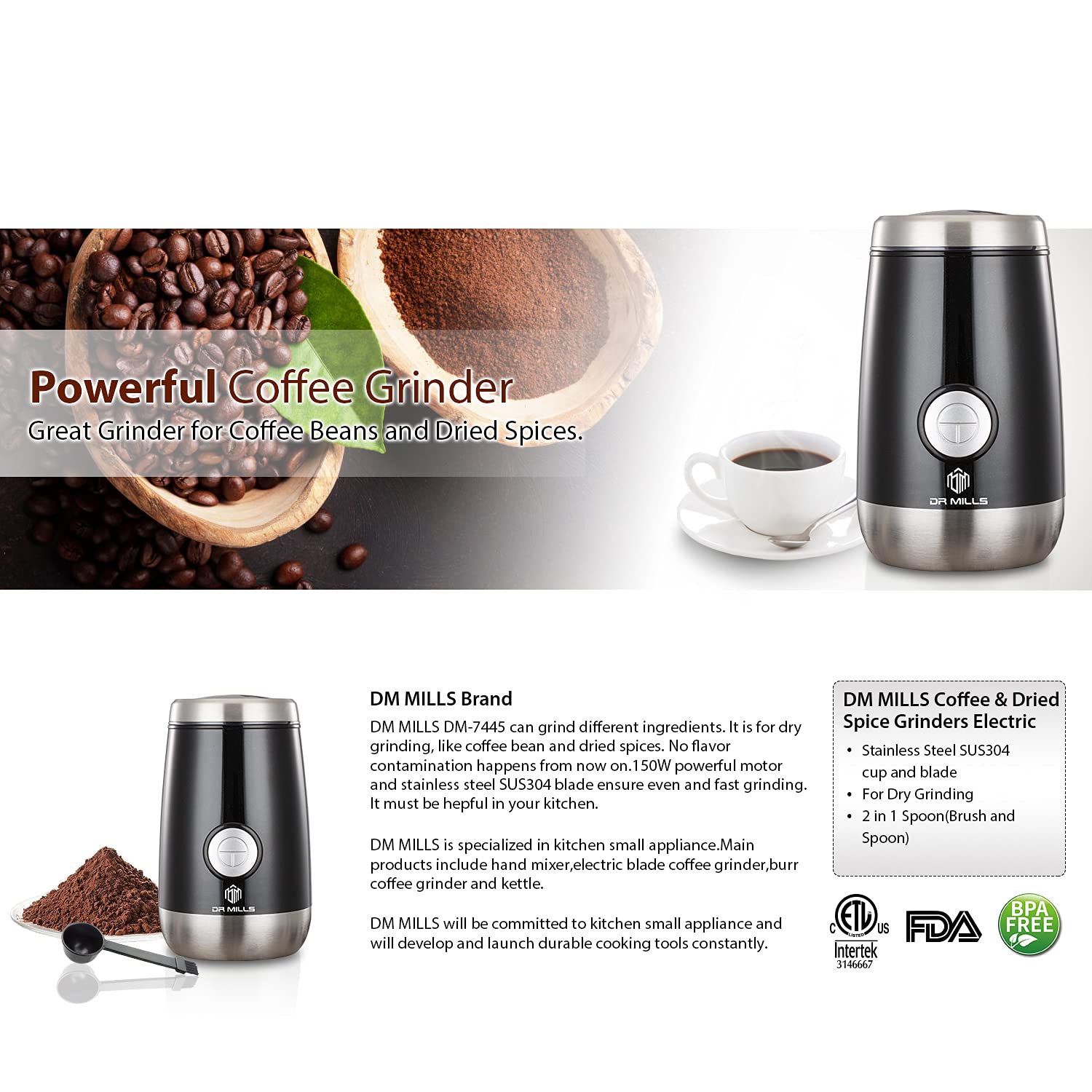 DR MILLS DM-7445 Coffee Grinder Electric Grinder Spice and Herb Grinder, Blade & cup made with SUS304 stianlees steel food grinders electric