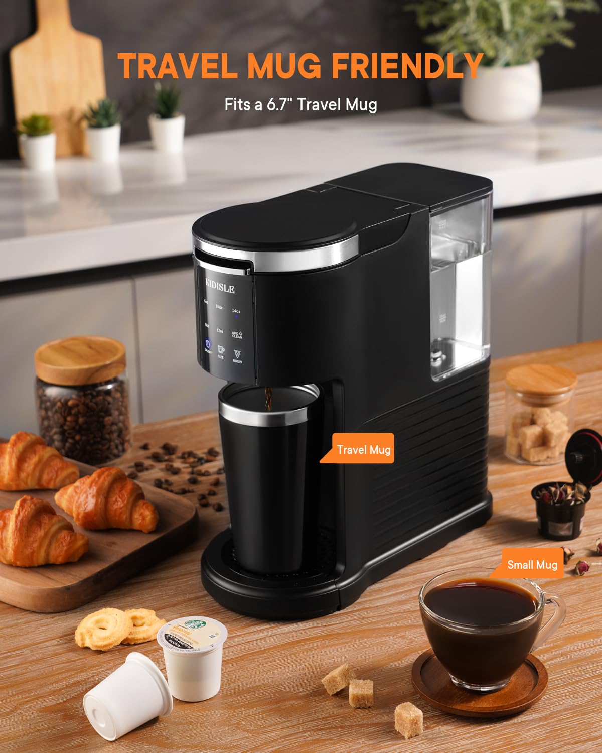 KIDISLE Einzelportions-Kaffeemaschine, 3-in-1-Pad-Kaffeemaschine für K-Cup-Pads und gemahlenen Kaffee und Tee, Brühgrößen von 6 bis 14 oz, mit abnehmbarem 40oz-Wasserbehälter, Entkalkungseinstellungen, Schwarz