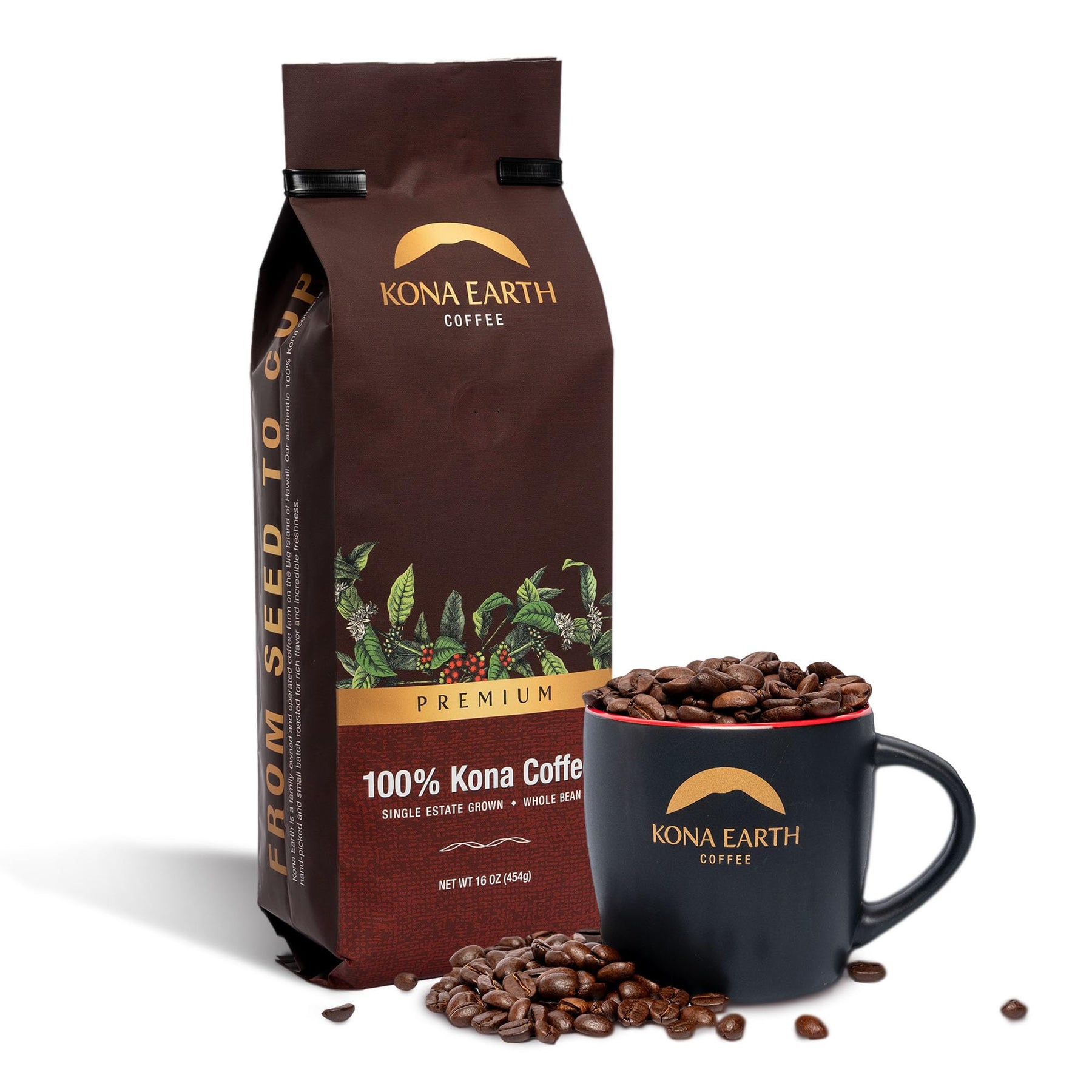 Kona Earth – Premium, 100 % Kona-Kaffee, mittelstark gerösteter Kaffee, auf einer Plantage angebaute, in Mikrochargen geröstete ganze Kaffeebohnen, 1 Pfund (1er-Packung)