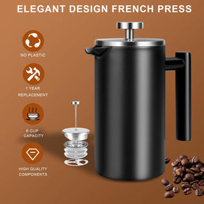 SZHETEFU 34 OZ Large French Press, Premium Stainless Steel Sturdy Insulated French Press Coffee Maker, 4-8 Cups French Coffee Press, Tea Presses for Home Kitchen Caming Loose Tea, Elegant Black