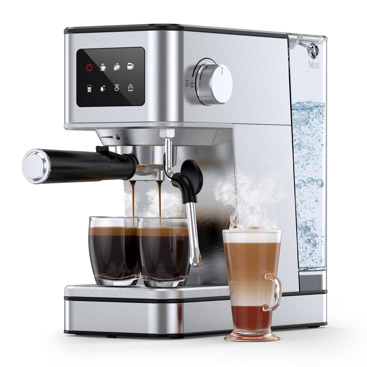 QJA Espressomaschine, 20 Bar professioneller Espressokocher, Milchaufschäumer, Dampfstab für Latte, kompakte Maschine aus Edelstahl mit abnehmbarem 57,5 ​​oz Wassertank und LED-Touchscreen-Monitoren