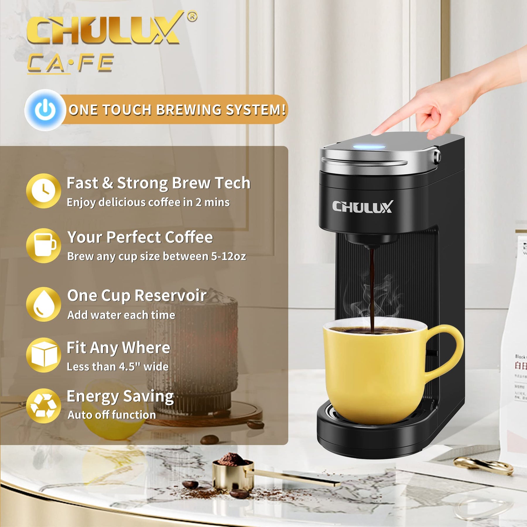 CHULUX Slim Single Serve Coffee Maker for K Cup, Mini Travel One Cup Coffee Machine for Home, Desk, Kitchen and Bedroom, Fits Travel Mug