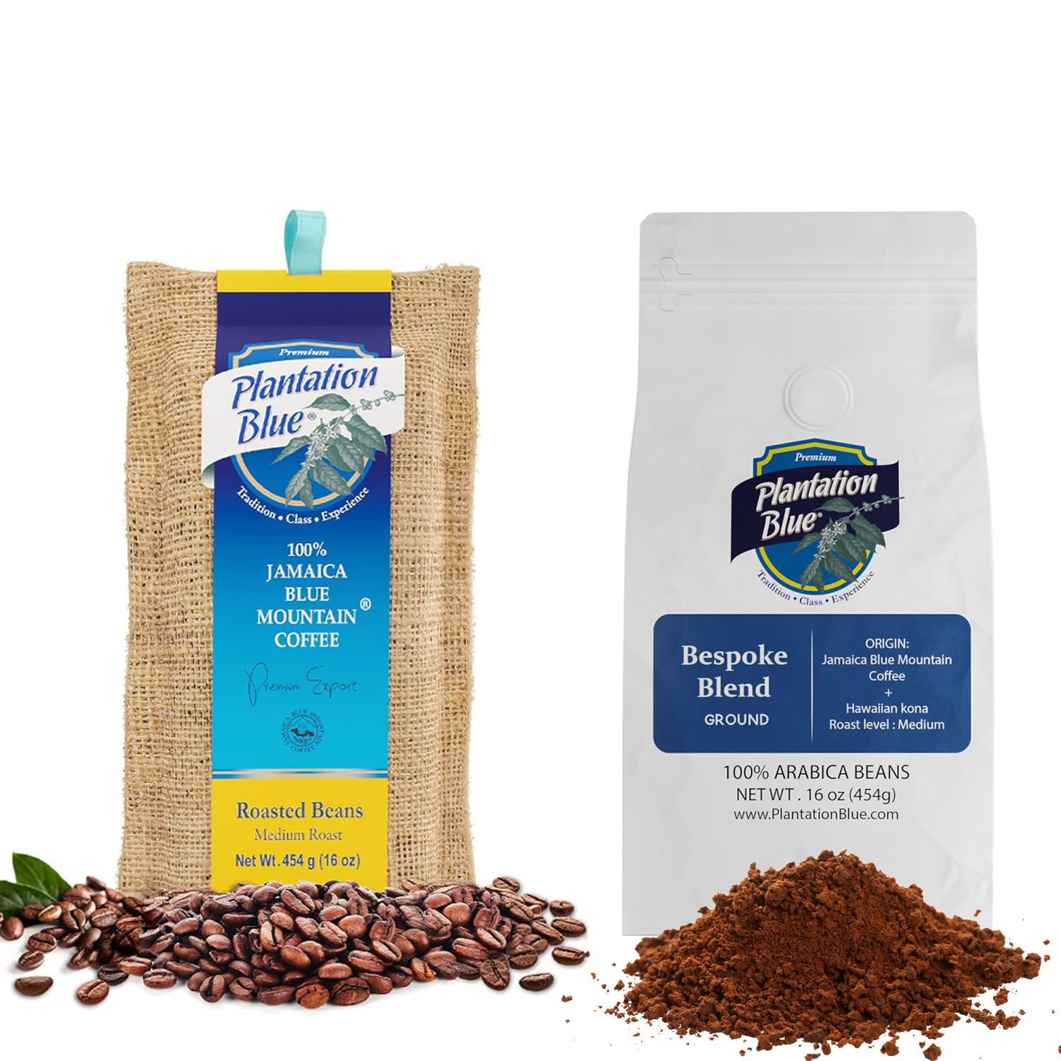 Plantation Blue: 1lb Jamaica Blue Mountain Whole Bean + 1lb Bespoke Blend Ground Coffee