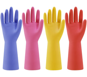 Gummi-Geschirrspülhandschuhe für die Küche – 4 Paar bunte, wiederverwendbare Haushaltsreinigungshandschuhe zum Geschirrspülen und für Reinigungsaufgaben, flexibel, langlebig und rutschfest (mittel, blau + rosa + gelb + orange)