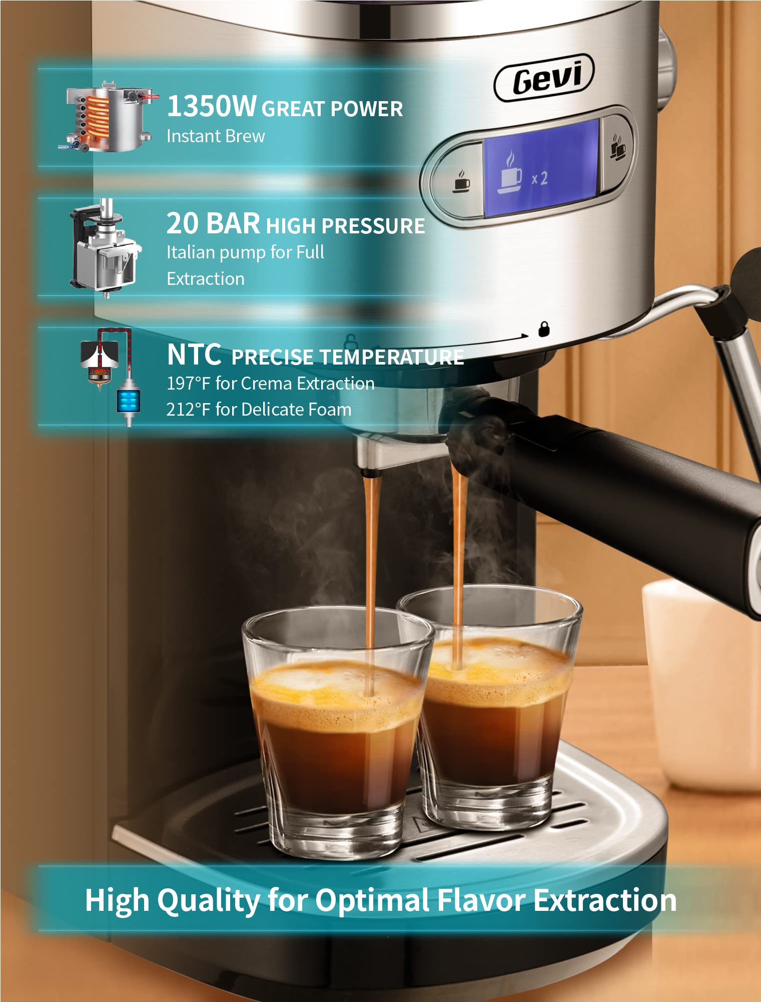 Gevi Espressomaschinen, 20 Bar, schnelles Aufheizen, automatische Cappuccino-Kaffeemaschine mit Milchaufschäumer für Espresso, 1,2 l abnehmbarer Wassertank, doppeltes Temperaturkontrollsystem, 1350 W, schwarz