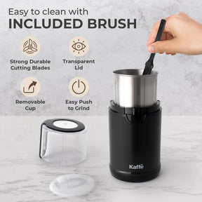 Kaffe Electric Coffee Grinder with Removable Cup (3.5oz) - Black - Cleaning Brush Included - Espresso Coffee Bean Grinder for Home Use