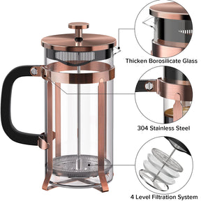 QUQIYSO Coffee Maker 304 Stainless Steel French Press with 4 Filter, Heat Resistant Durable, Easy to Clean, Borosilicate Glass Coffee Press, 100% BPA Free Teapot, 21 ounce, copper