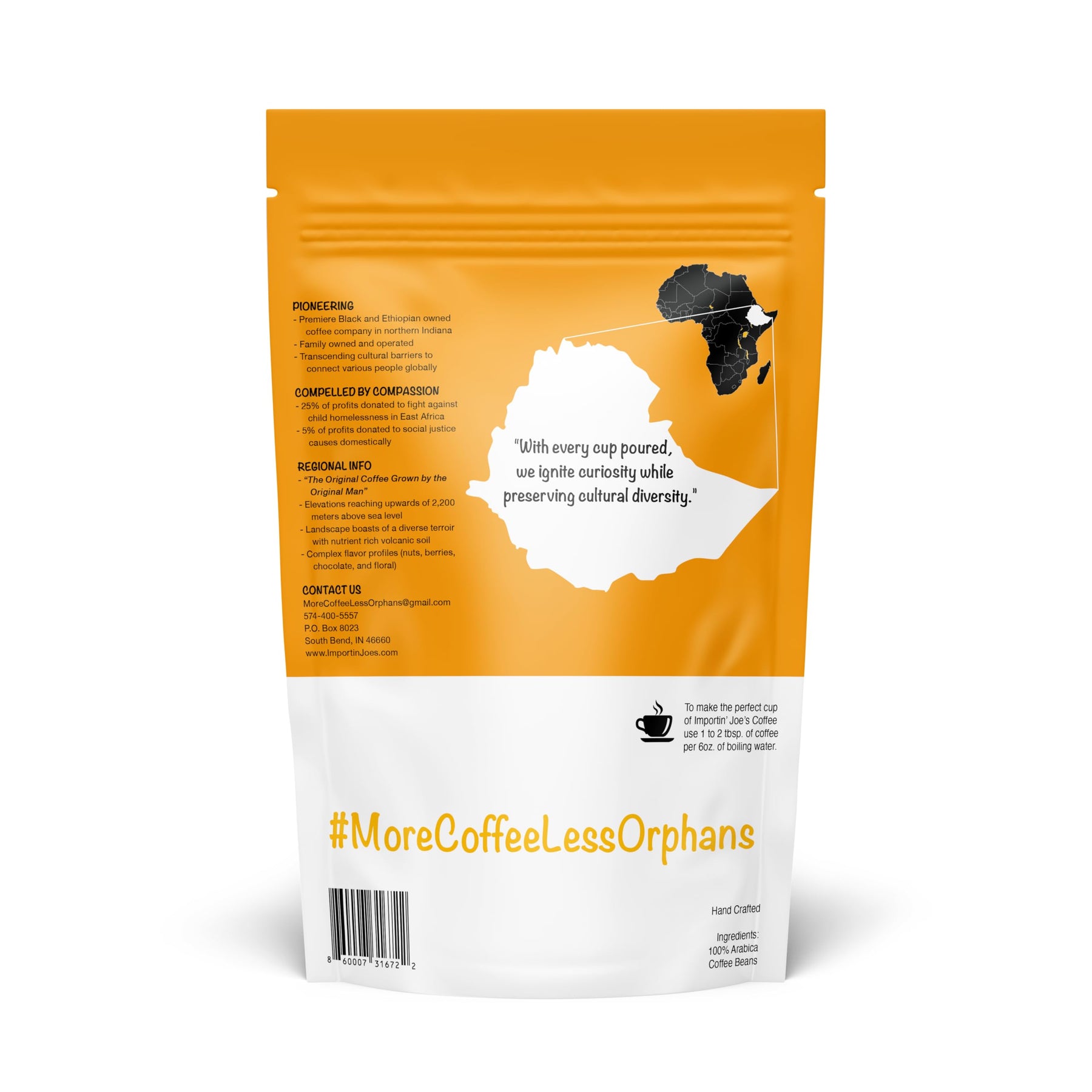 Importin' Joe's Ethiopian Coffee, Whole Bean, Direct Trade Low Acid Single Origin Gourmet,12 ounce, Chokoleti