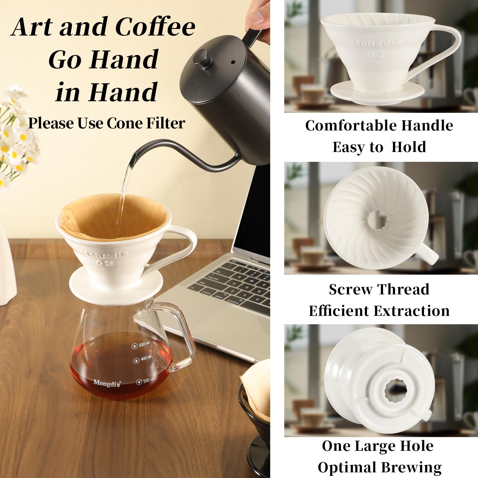 Mongdio V60 Ceramic Pour Over Coffee Dripper, Reusable Porcelain Portable Pour Over Coffee Maker, Slow Brewing Accessories with 1 Holes for Home - Size 02 White