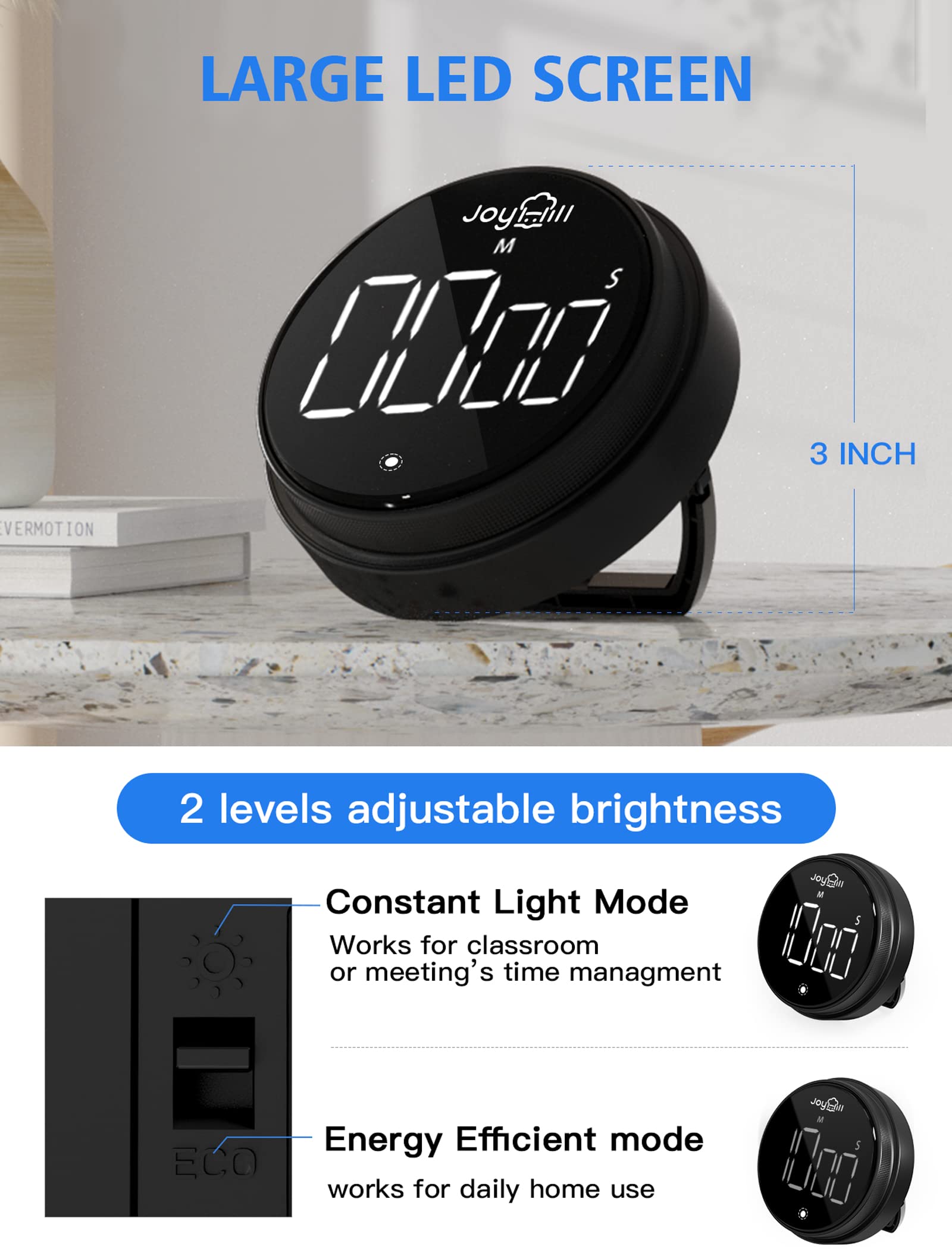 JOYHILL Digitaler Küchentimer, großes LED-Display mit magnetischem Countdown, 3 Lautstärkestufen, ideal zum Kochen, Unterricht, Lernen, Fitness, Timer für Kinder und Senioren, Schwarz