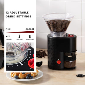 Bodum Bistro Electric Conical Burr Coffee Grinder, Preset Timer, 12 Grind Settings, Black