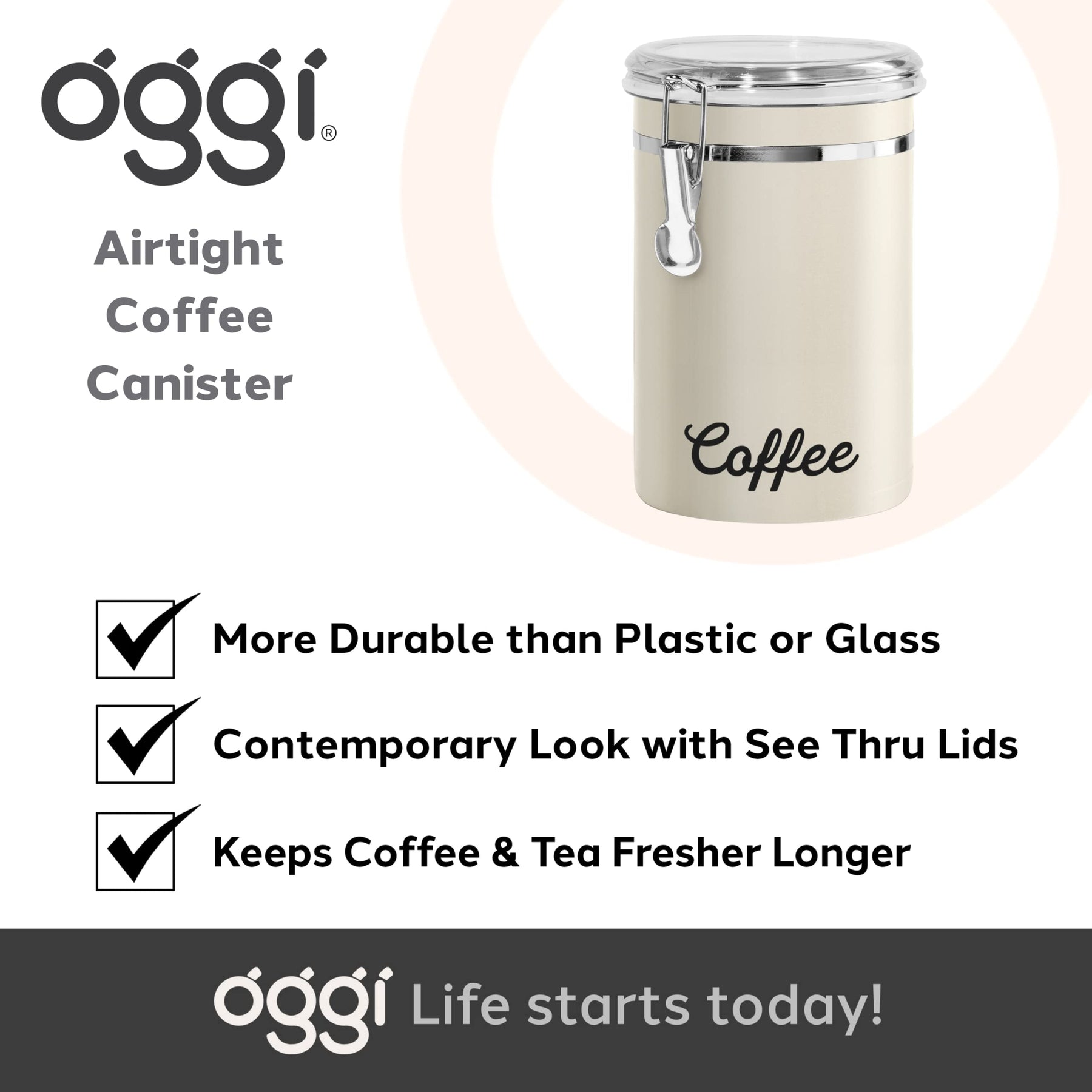 Oggi Stainless Steel Coffee Canister 62 fl oz - Airtight Clamp Lid, Warm Gray, Tinted See-Thru Top - Ideal for Coffee Bean Storage, Ground Coffee Storage, Kitchen Storage, Pantry Storage. 5 x 7.5