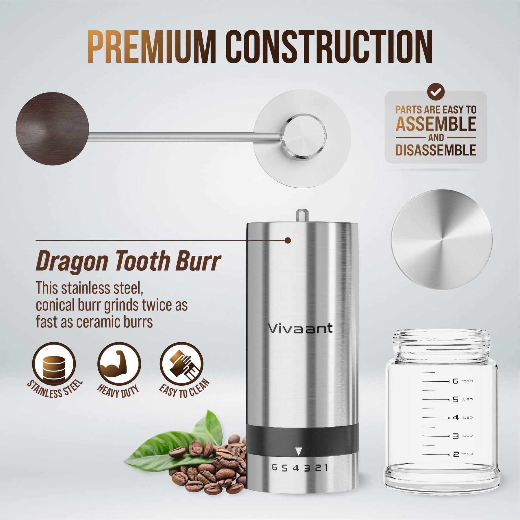 Vivaant Manual Coffee Grinder — Hand Coffee Grinder with Adjustable Dragon Tooth Stainless Steel Conical Burr, No-Power, Manual Coffee Grinder for Drip Coffee, Espresso, French Press, and More!