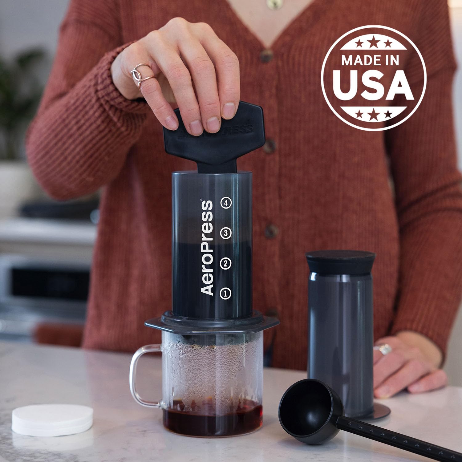 AeroPress Original Coffee and Espresso-style Maker, Barista Level Portable Coffee Maker with Chamber, Plunger, & Filters, Quick Coffee and Espresso Maker