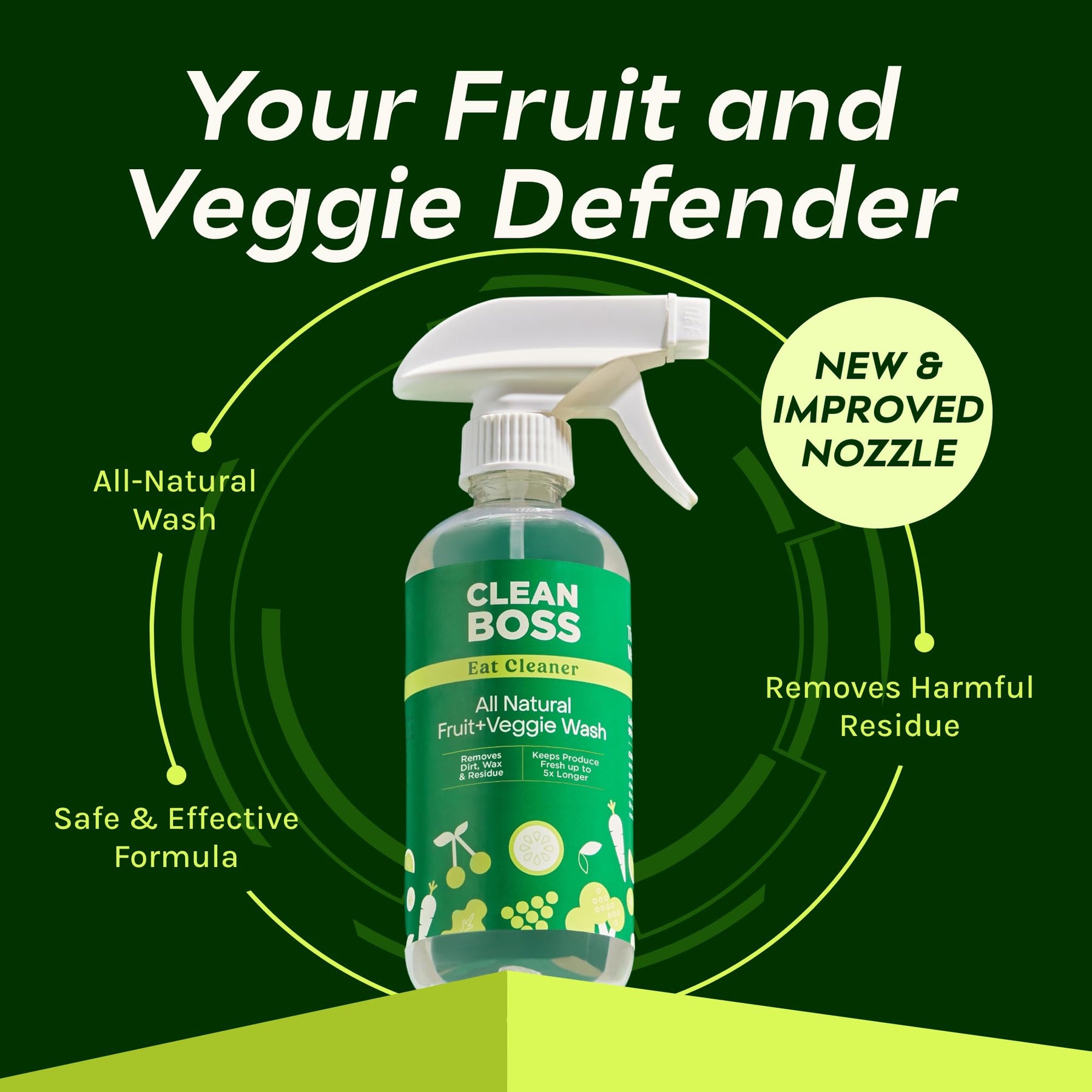 CleanBoss Eat Cleaner Triple-Action Fruit + Veggie Wash - 12 oz, Pack of 3 - Removes Harmful Residue - Keeps Produce Fresh Up to 5X Longer - Includes One Trigger - Vegan, Gluten Free - Improved Nozzle