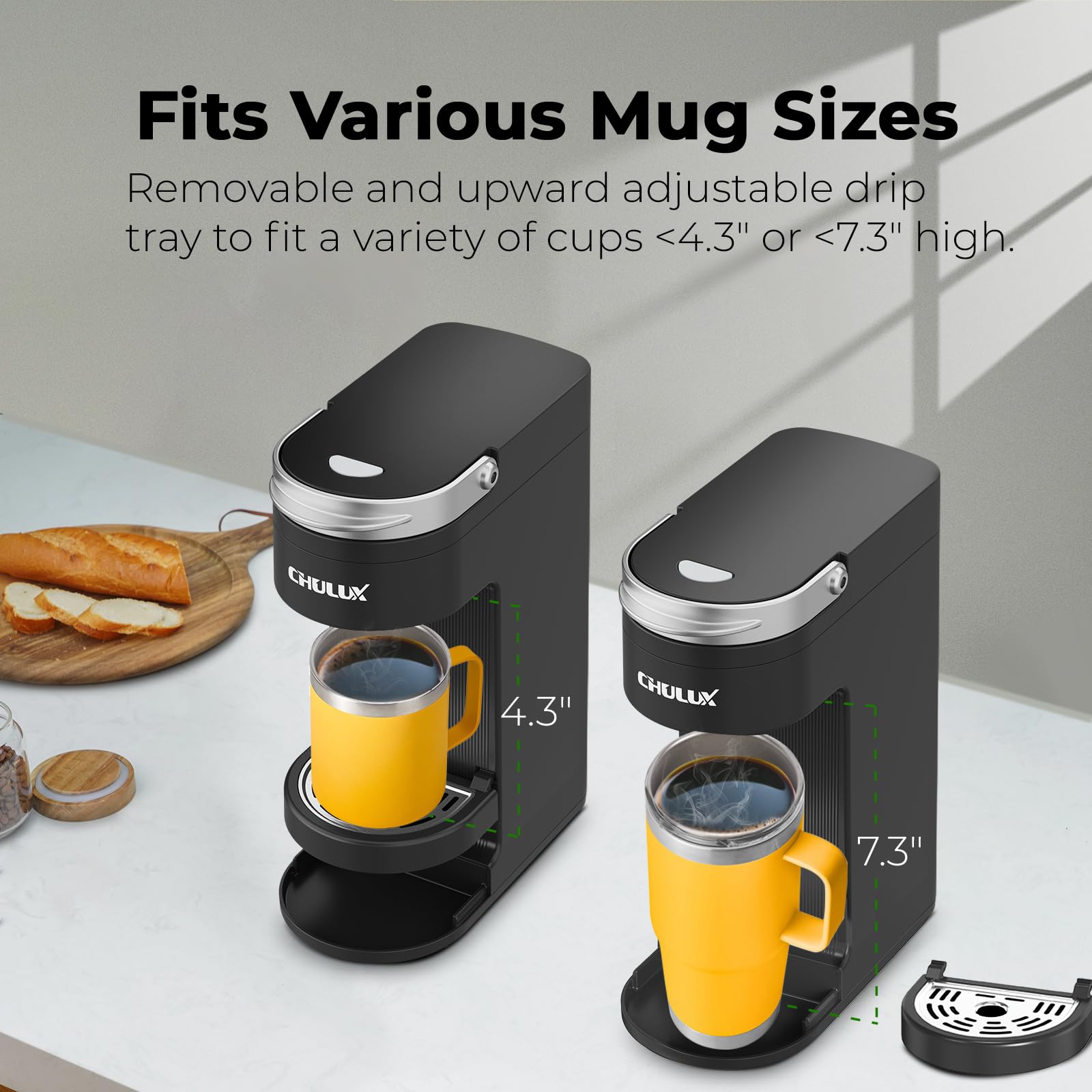 CHULUX Schlanke Einzelportionskaffeemaschine für K-Cup-Pads, Ein-Tassen-Kaffeemaschine für 7,3-Zoll-Reisebecher, Kaffeemaschine mit Brühgrößen von 6 bis 12 oz