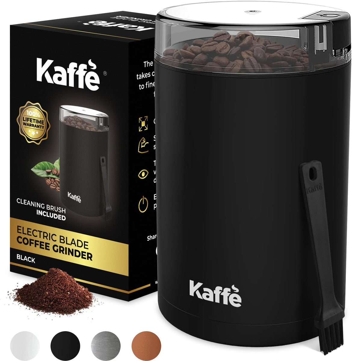 Kaffe ワンタッチ コーヒーグラインダー 電動 クリーニングブラシ付き (3 オンス) - 家庭用コーヒーグラインダー - 1 回の挽きで最大 12 杯分のコーヒーを挽くことができます - 簡単にオン/オフできるコーヒー豆グラインダー - ブラック