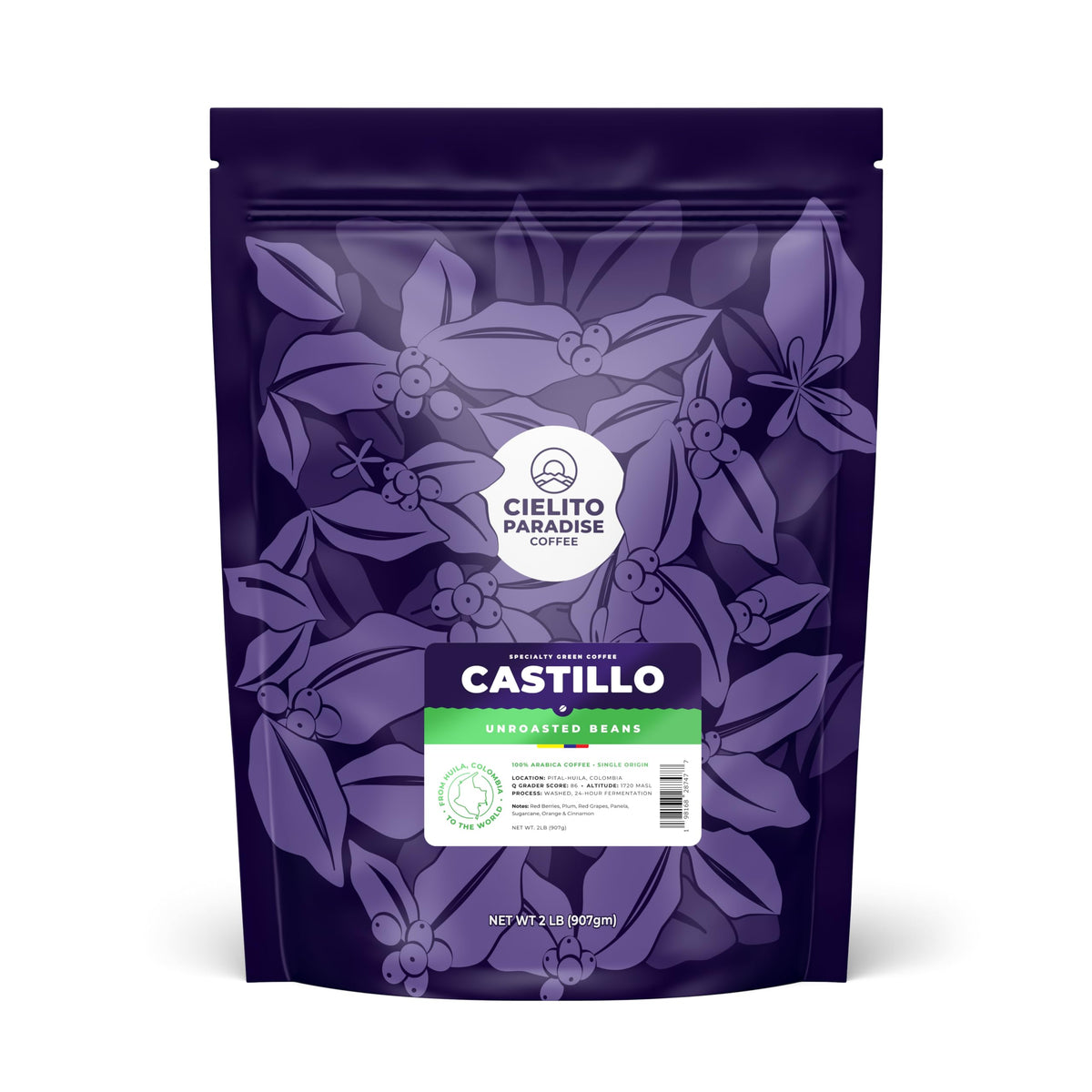 2 Lb, Fresh Single Origin Unroasted Green Coffee Beans, Specialty Grade From Huila Colombia, Direct Trade (Castillo Varietal)