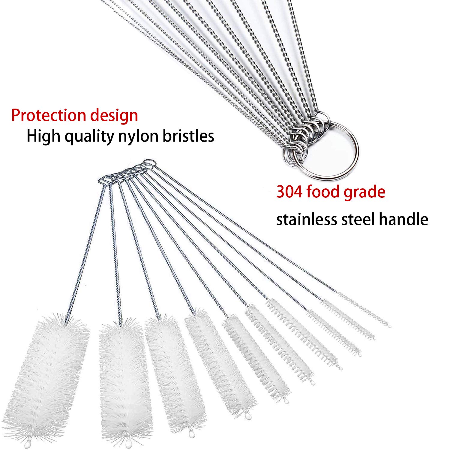 Lange Strohbürste, Nylon-Rohrreiniger, 8-ihch, 10 verschiedene Durchmesser, 10er-Set