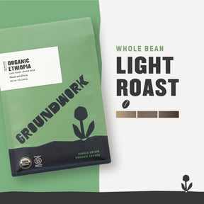 GROUNDWORK - Ethiopia Heirloom Blend Whole Bean Coffee, Light Roast - Certified Organic Single Origin - 12oz Bag