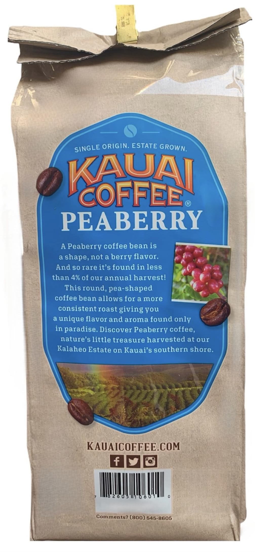 Kauai Coffee, 100 % hawaiianischer Peaberry-Kaffee aus ganzen Bohnen, 1 Pfund