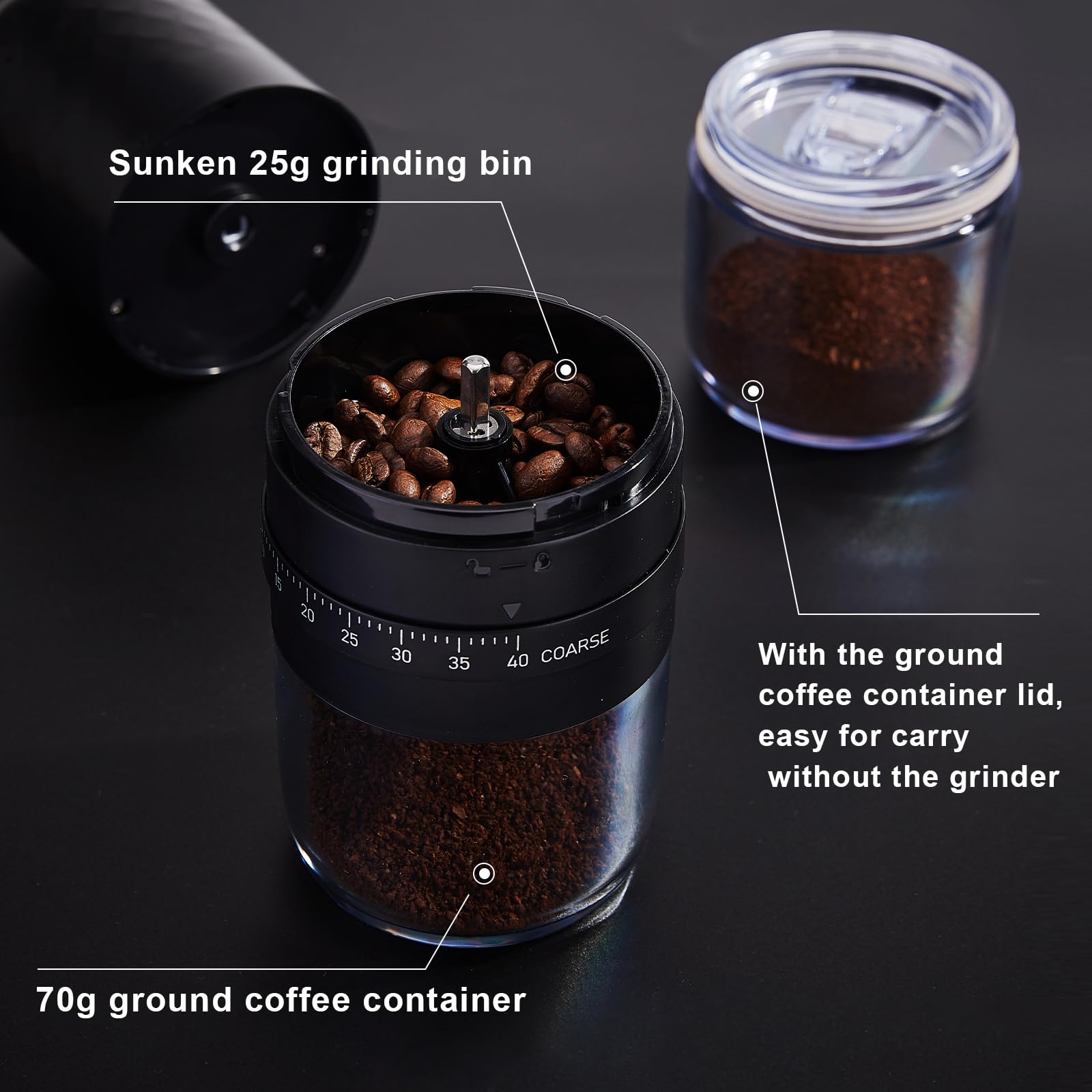 Saraudy Portable Burr Coffee Grinder Electric with 40 Adjustable Grinder Settings, Conical Burr Rechargeable Coffee Bean Grinder with Cleaner Brush, Ground Coffee Cup Lid, for Home Use, Travel Camping