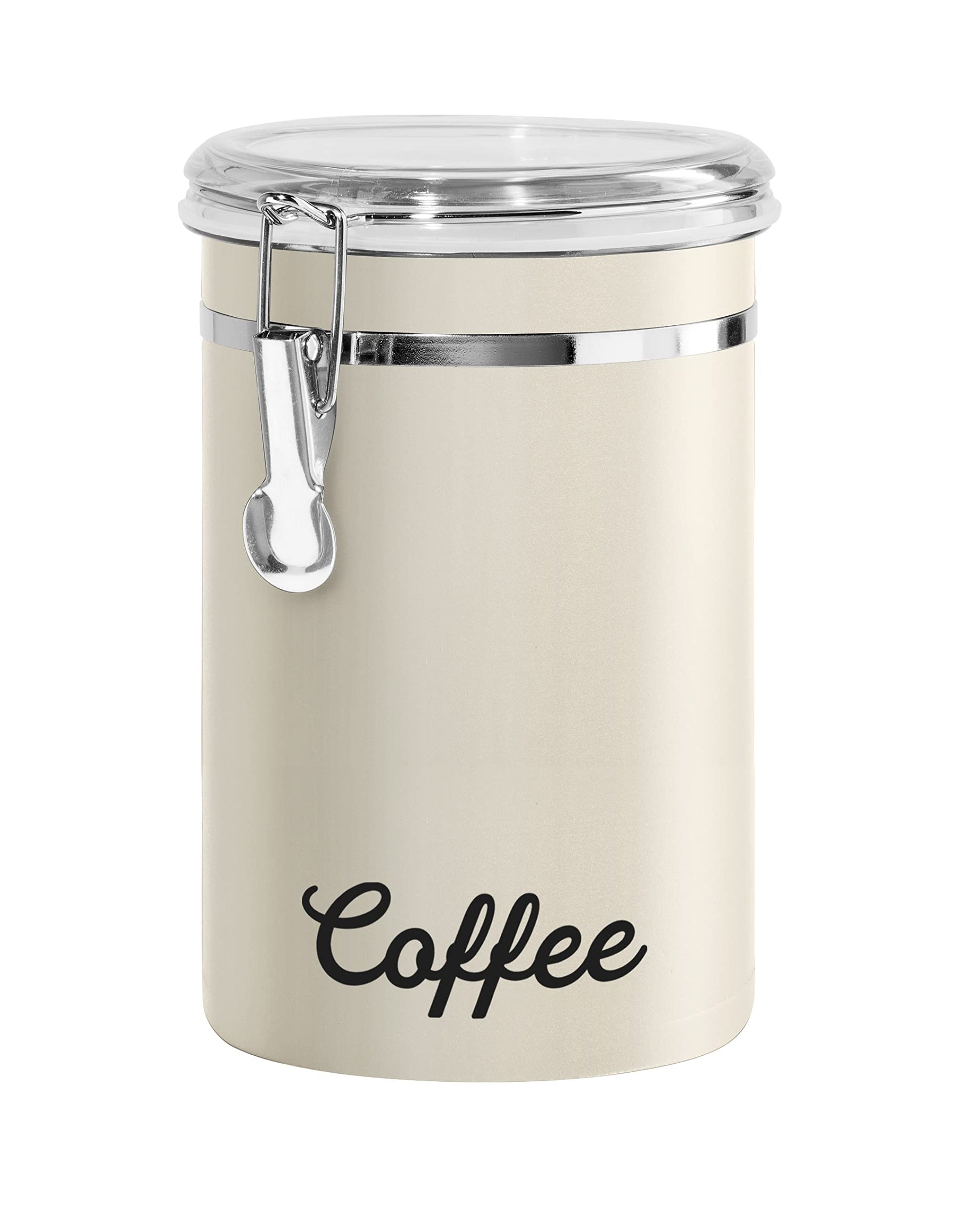 Oggi Stainless Steel Coffee Canister 62 fl oz - Airtight Clamp Lid, Warm Gray, Tinted See-Thru Top - Ideal for Coffee Bean Storage, Ground Coffee Storage, Kitchen Storage, Pantry Storage. 5 x 7.5