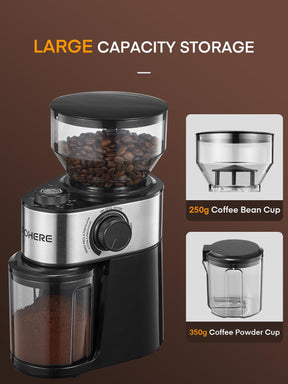 Burr Coffee Grinder Electric, Coffee Bean Grinder with 18 Precise Grind Settings, 14 Cup Automatic Flat Burr Coffee for French Press, Drip Coffee, and Espresso, Stainless Steel, Black