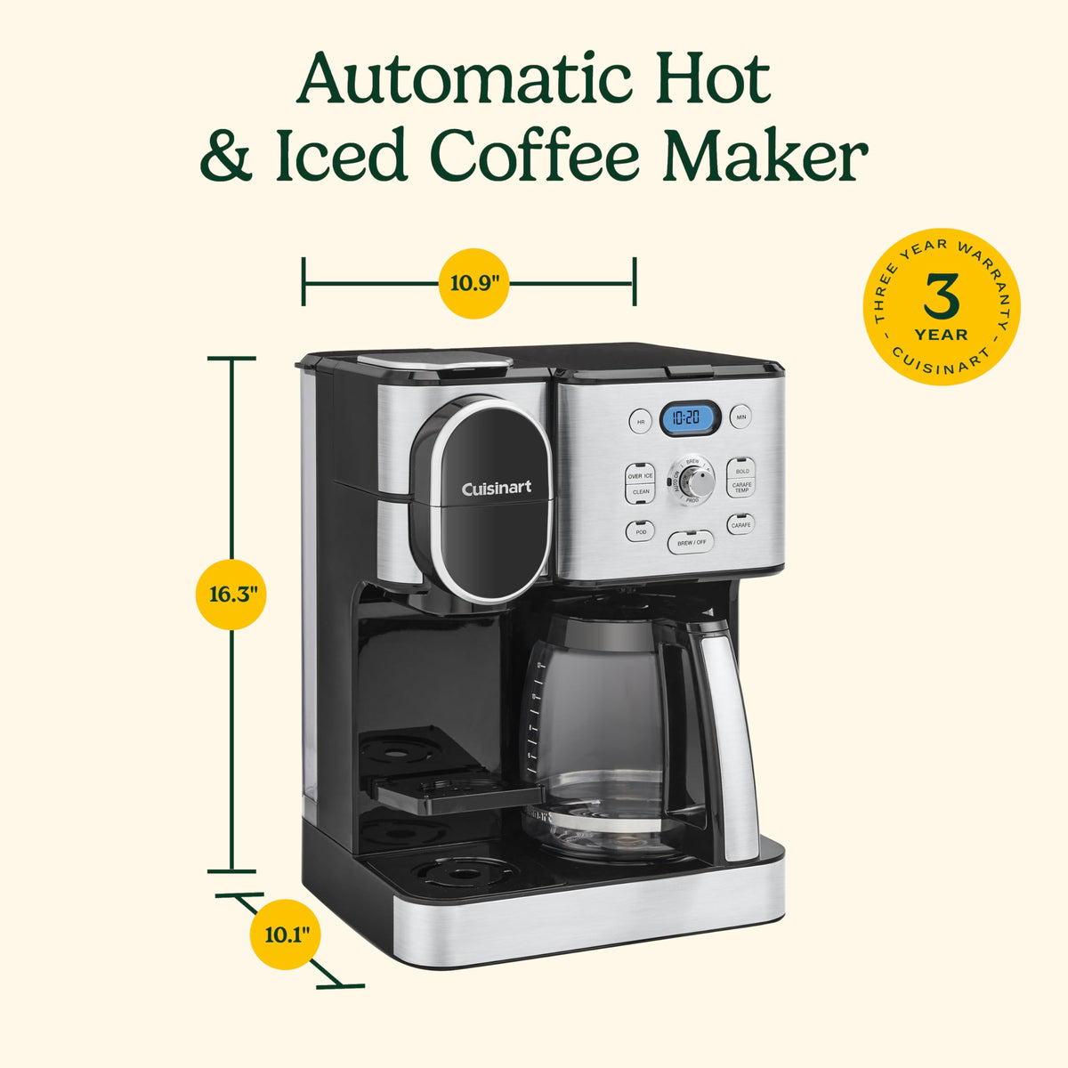 Cuisinart Kaffeemaschine, Glaskaraffe für 12 Tassen, Automatische Heiß- und Eiskaffeemaschine, Einzelportionsbrüher, Edelstahl, SS-16