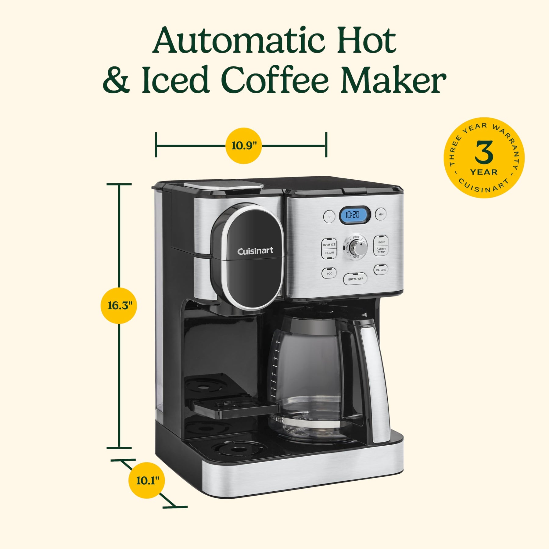 Cuisinart Kaffeemaschine, Glaskaraffe für 12 Tassen, Automatische Heiß- und Eiskaffeemaschine, Einzelportionsbrüher, Edelstahl, SS-16