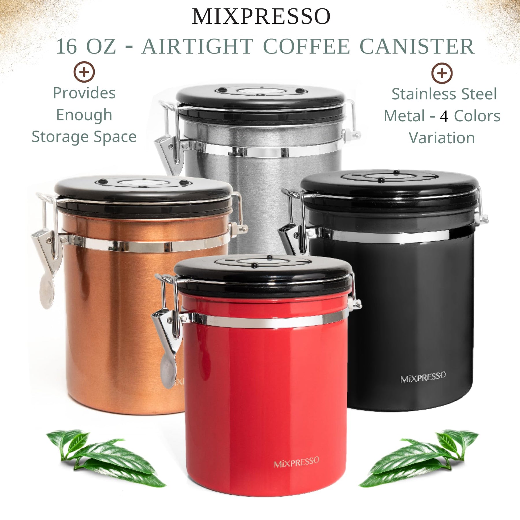 Mixpresso Bronze Stainless Steel Airtight Coffee Container with Date Tracker For Coffee & Tea, Vacuum Sealed Airtight Container, Coffee Jar 16 Ounces, Coffee Grounds Container, Coffee Tin