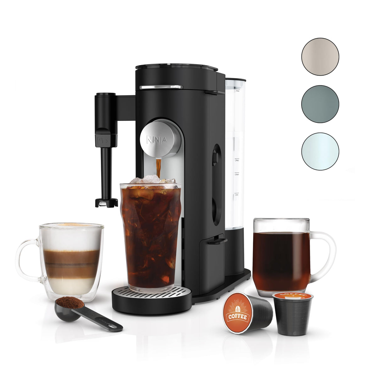 Ninja Pod &amp; Grounds Spezial-Einzelportionskaffeemaschine, K-Cup-Pad-kompatibel, brüht gemahlenen Kaffee, kompaktes Design, integrierter Milchaufschäumer, 56-oz.-Tank, Größen für 6-oz.-Tassen bis 24-oz.-Becher, schwarz, PB051