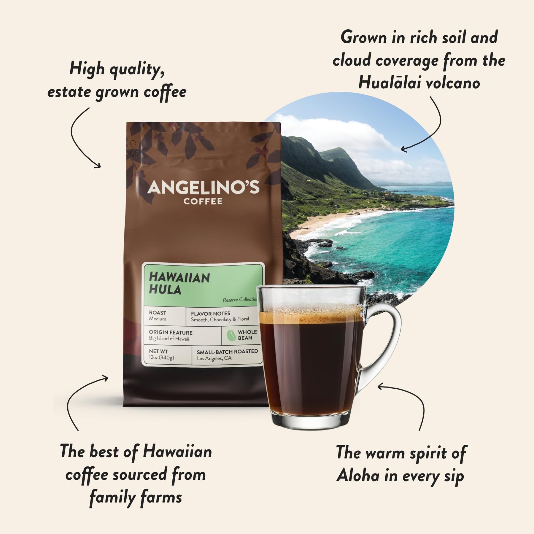 Angelino's Coffee Hawaiian Hula Reserve Whole Bean Hawaiian Coffee Blend, Medium Roast with Chocolaty Notes and Floral Undertones - Premium Hawaii Coffee Beans Blend