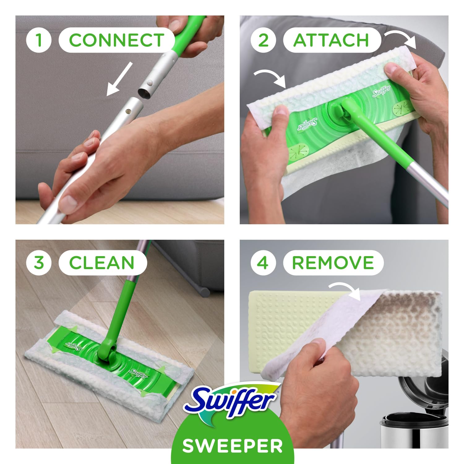 Swiffer Sweeper 2-in-1 Trocken- und Nass-Bodenwisch- und Kehrset, Set für mehrere Oberflächen zur Bodenreinigung, Set beinhaltet 1 Kehrmaschine, 14 Trockenkehrtücher, 5 Nasswischtücher