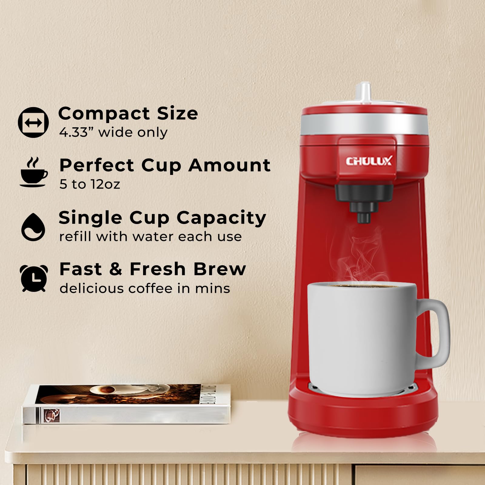 CHULUX Mini Coffee Maker for K Capsule, Single Serve Coffee Maker for One Cup Americano, Lightweight Pod Coffee Machine, Red