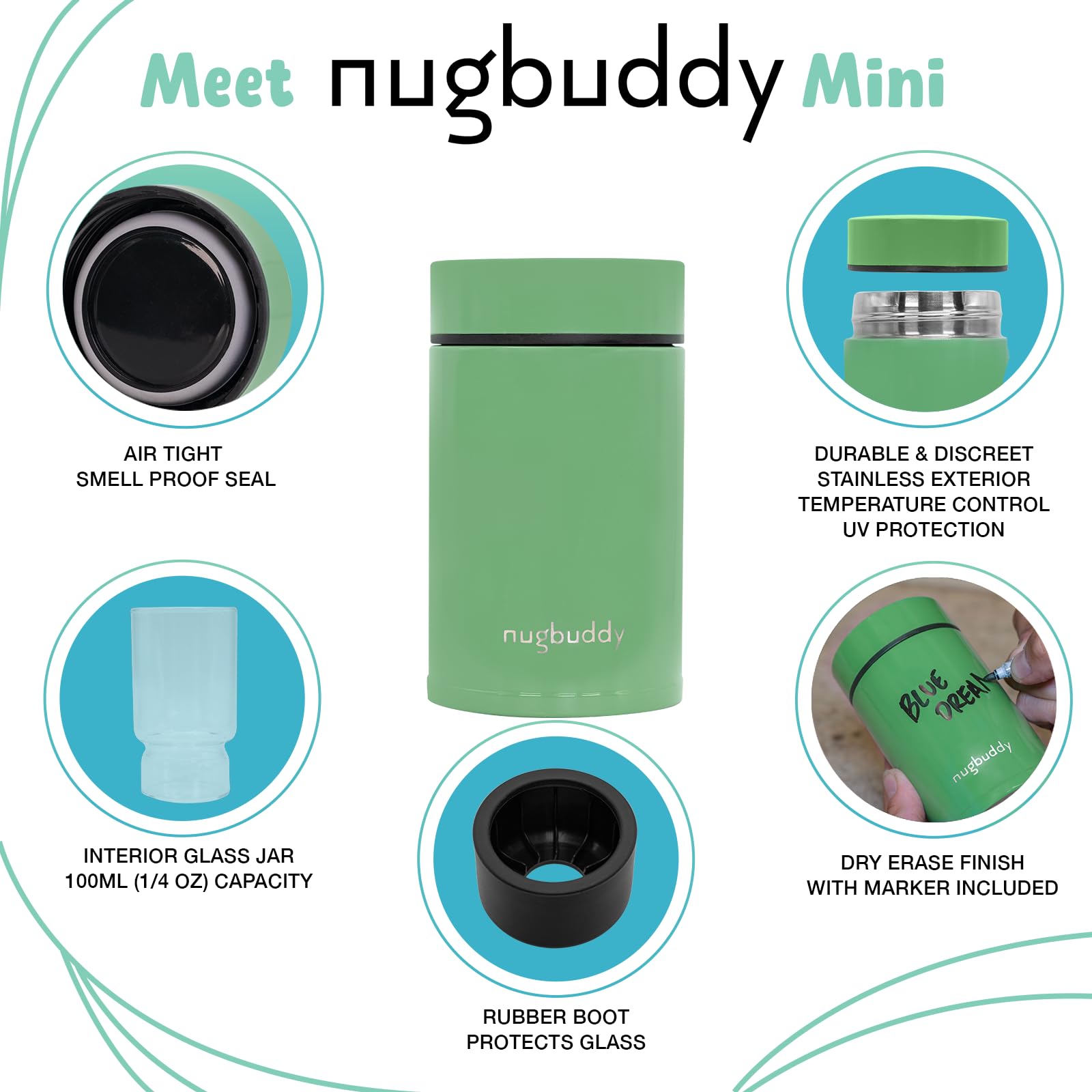 nugbuddy Mini Airtight Storage Container - Vacuum Sealed Insulated w Nested Glass Jar - UV Protection, Temperature Controlled Stainless - Whiteboard Finish w Marker Included - 100 ml (1/4 Oz)