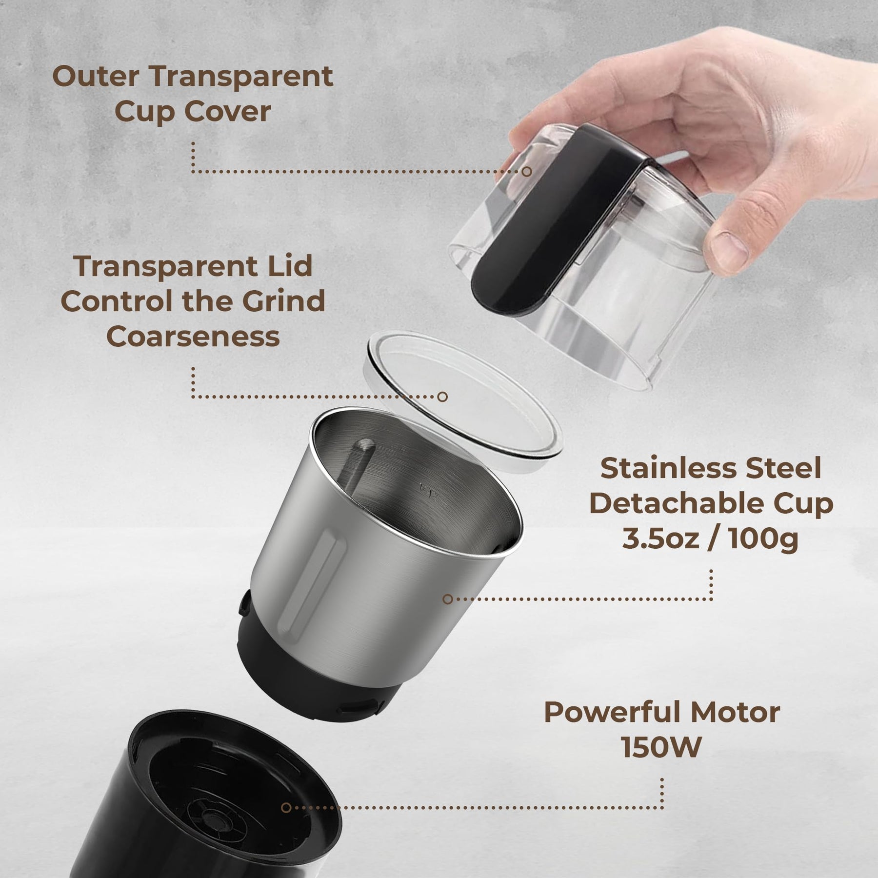 Kaffe Electric Coffee Grinder with Removable Cup (3.5oz) - Black - Cleaning Brush Included - Espresso Coffee Bean Grinder for Home Use