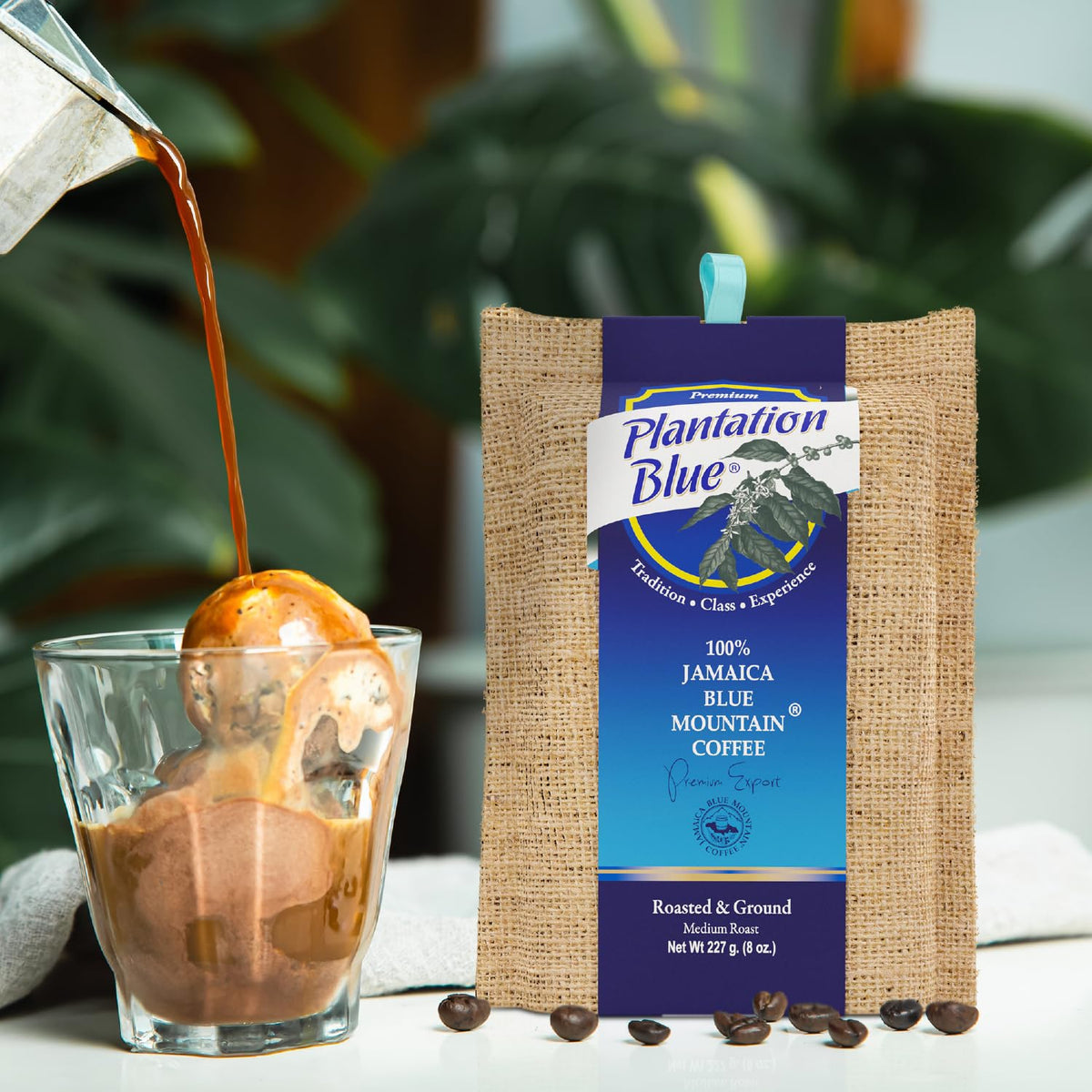 Plantation Blue 100 % Jamaica Blue Mountain Kaffee, mittlere Röstung, 227 g ganze Bohnen und 227 g gemahlen, Bündel