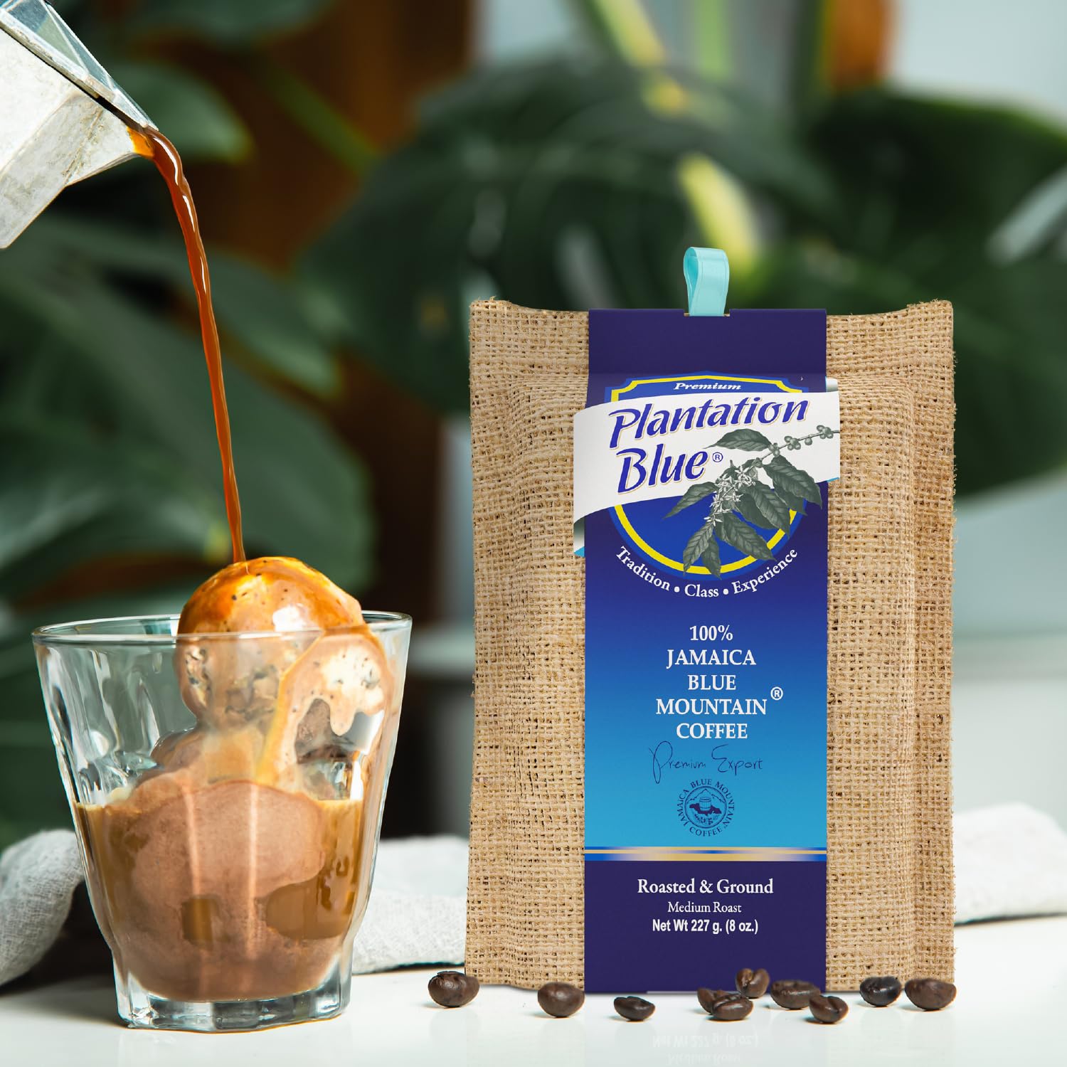 Exquisites Fusion-Paket: 8 oz 100 % gemahlener Jamaica Blue Mountain-Kaffee + 1 Pfund maßgeschneiderte Mischung aus ganzen Bohnen