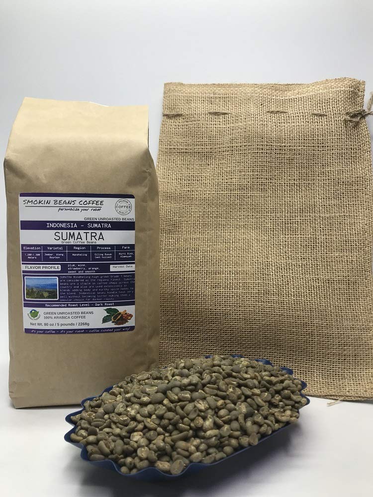 5 Pfund Sumatra Mandheling (ungeröstete grüne Kaffeebohnen) Premium-Arabica aus indonesischem Anbau, frische Bohnen aus der aktuellen Ernte für Kaffeeröster zu Hause, Kaffeebohnen in Spezialqualität, inklusive kostenlosem Leinensack