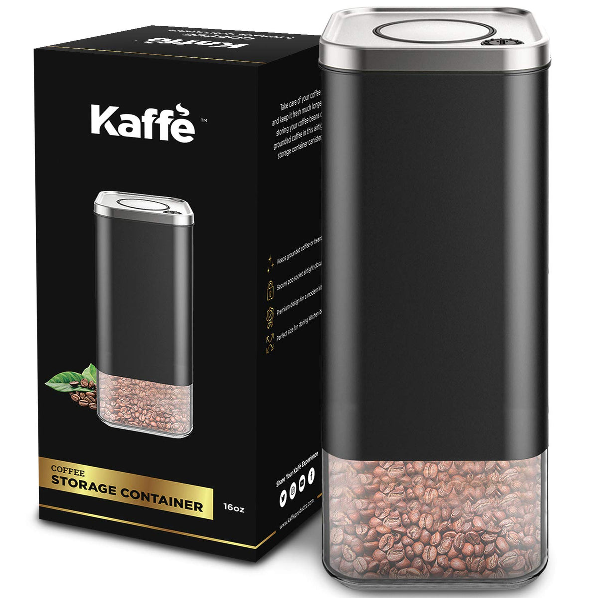 Kaffe Glass Coffee Canister (16oz) w/Airtight Lid - Click to Release Seal - BPA Free Glass & Stainless Steel - Elegant Kitchen Storage Container for Coffee, Nuts, Rice, Flour, Sugar, Tea, Cereal