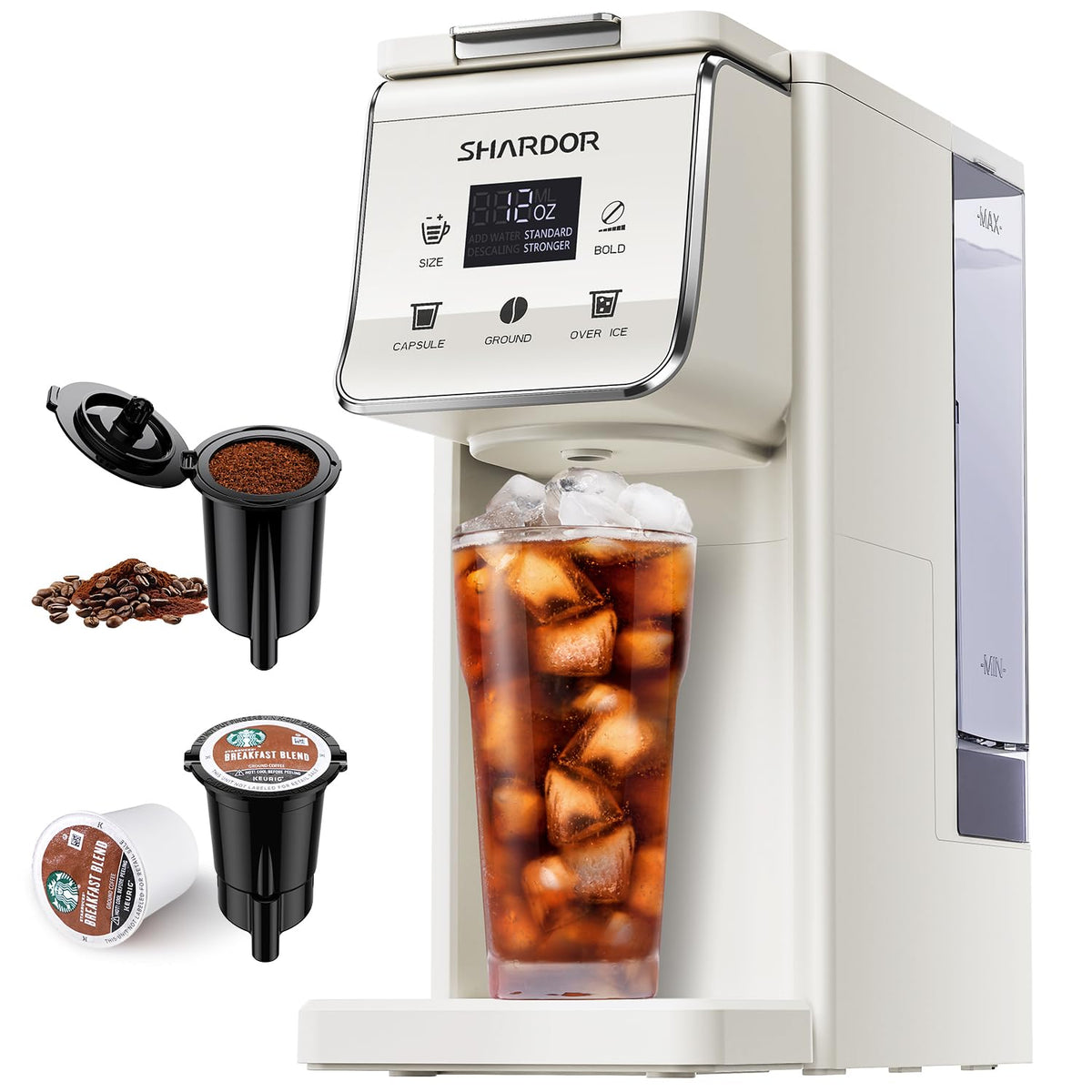 SHARDOR Kaffeemaschine für Heiß- und Eiskaffee mit Bold-Einstellung, Einzelportions-Kaffeemaschine für K-Cup und Kaffeesatz, 52 oz abnehmbarer Wassertank, Brühgrößen 6-14 oz, Ein-Tassen-Kcup-Kaffeemaschine mit wiederverwendbarem Filter, weiß