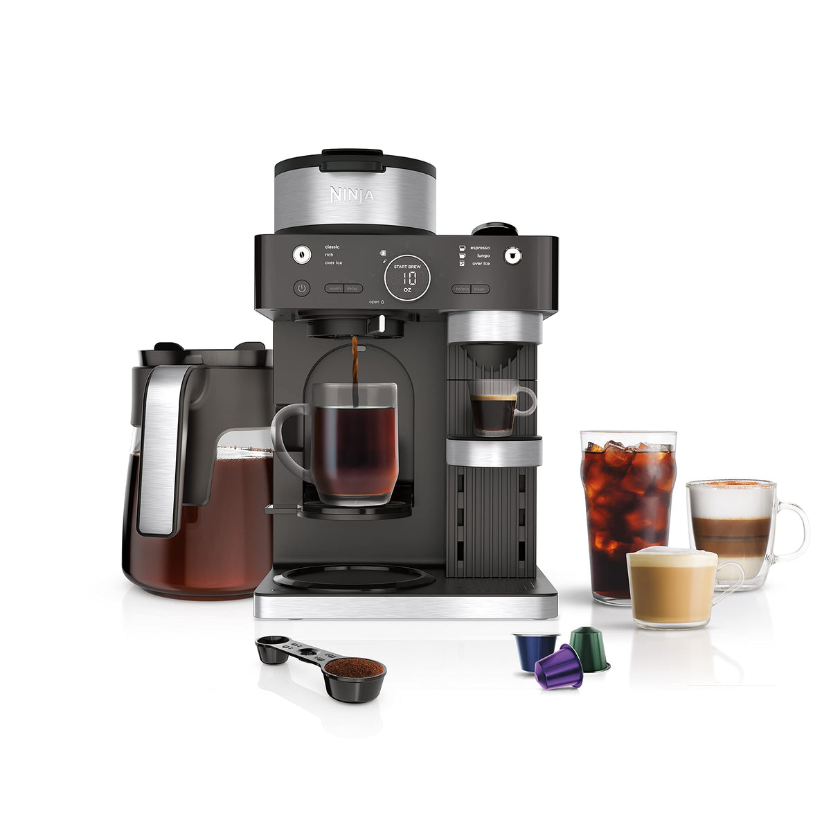 Ninja Espresso- und Kaffeemaschine und Barista-System, 3 Espresso-Brühstile, Einzelportionskaffee und kompatibel mit Nespresso-Kapseln, integrierter Milchaufschäumer, Espresso-, Cappuccino- und Latte-Maschine, Schwarz, CFN601