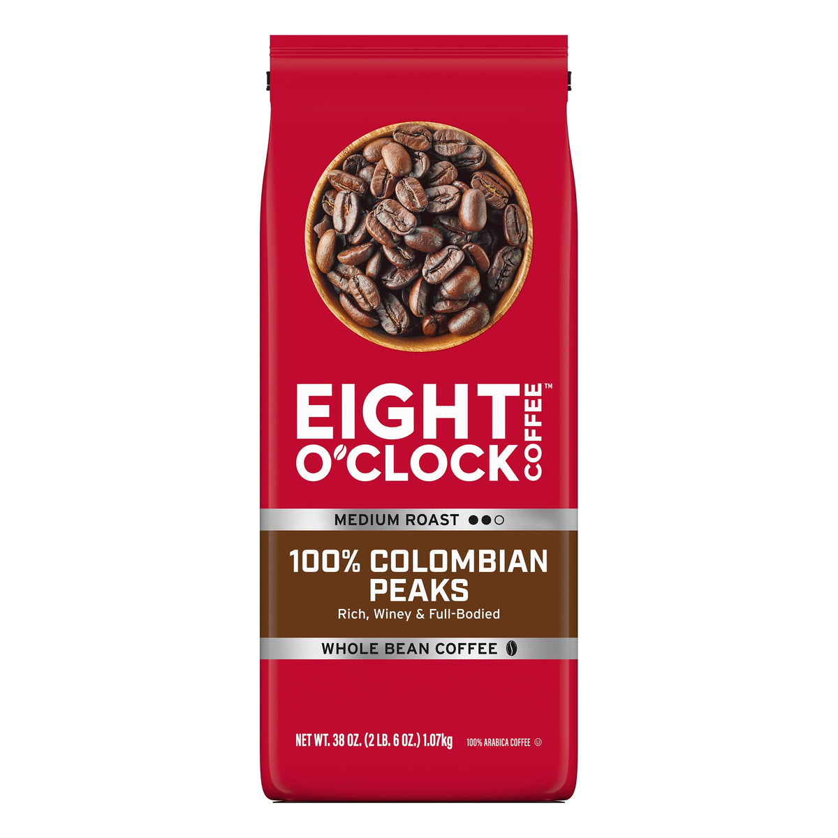 Eight O'Clock Coffee 100% Colombian Peaks, 38 Ounce, (Pack of 1) Medium Roast, Whole Bean Coffee, Rich, Winey & Full Bodied