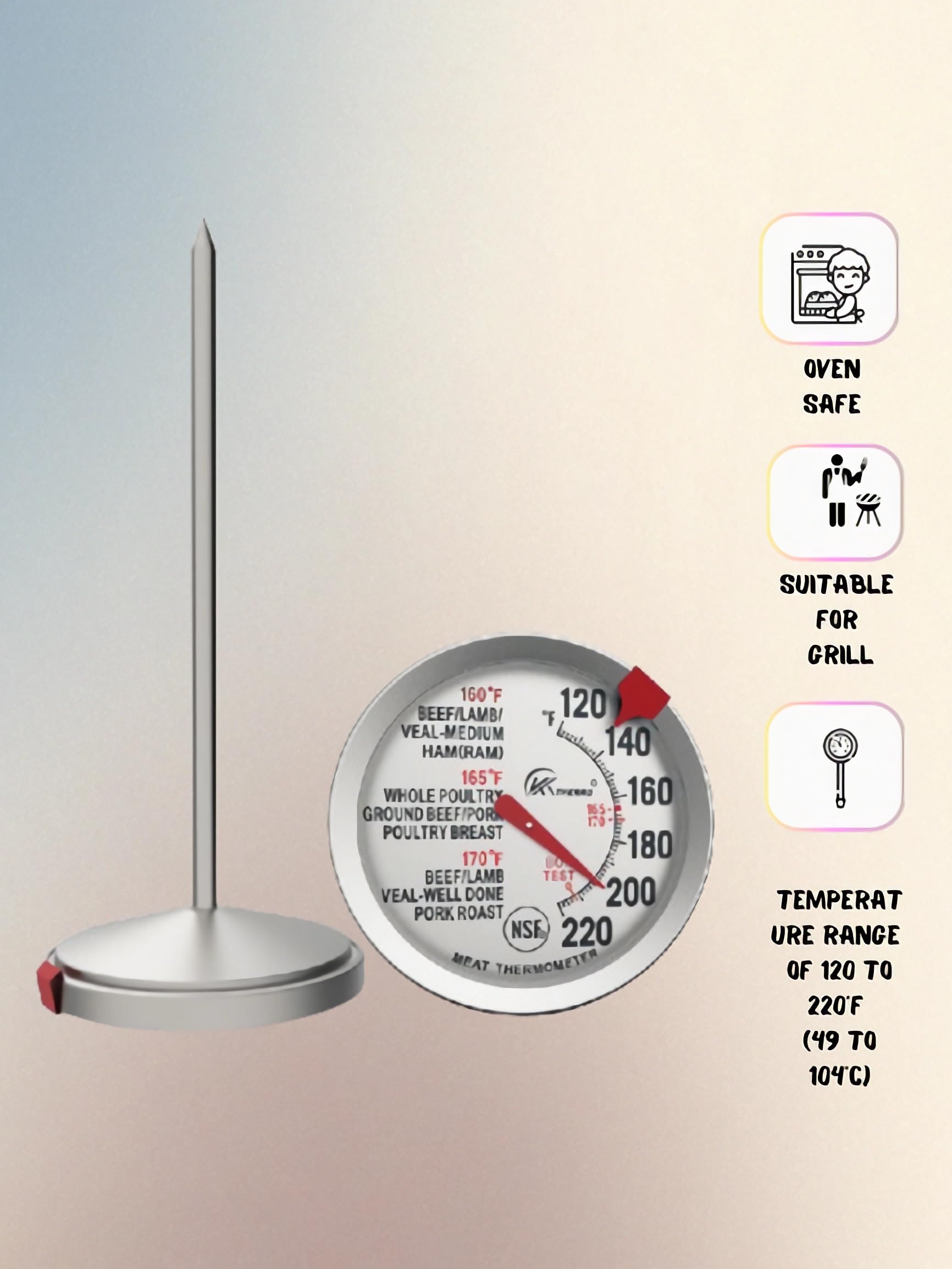 Analoges Fleischthermometer: Braten- und Backthermometer für Backofen/Grill, leicht zu reinigen. Spülmaschinenfest, ohne Batterien. Rippchen, Pute und mehr: ein Muss für perfekt gegarte Braten.