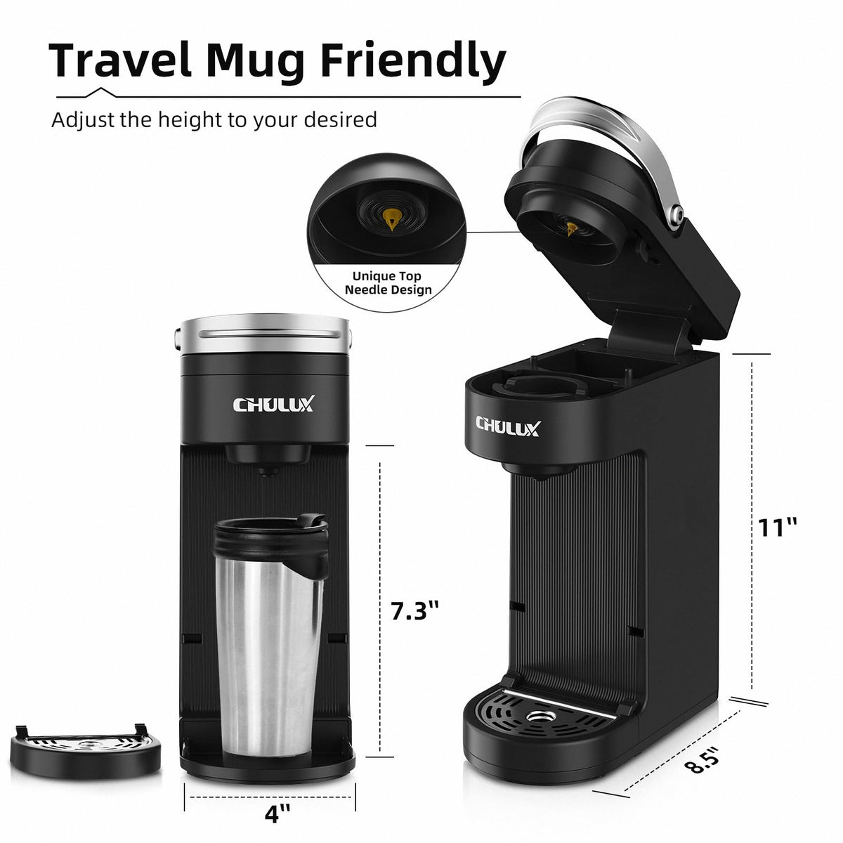 CHULUX Slim Single Serve Coffee Maker for K Cup, Mini Travel One Cup Coffee Machine for Home, Desk, Kitchen and Bedroom, Fits Travel Mug