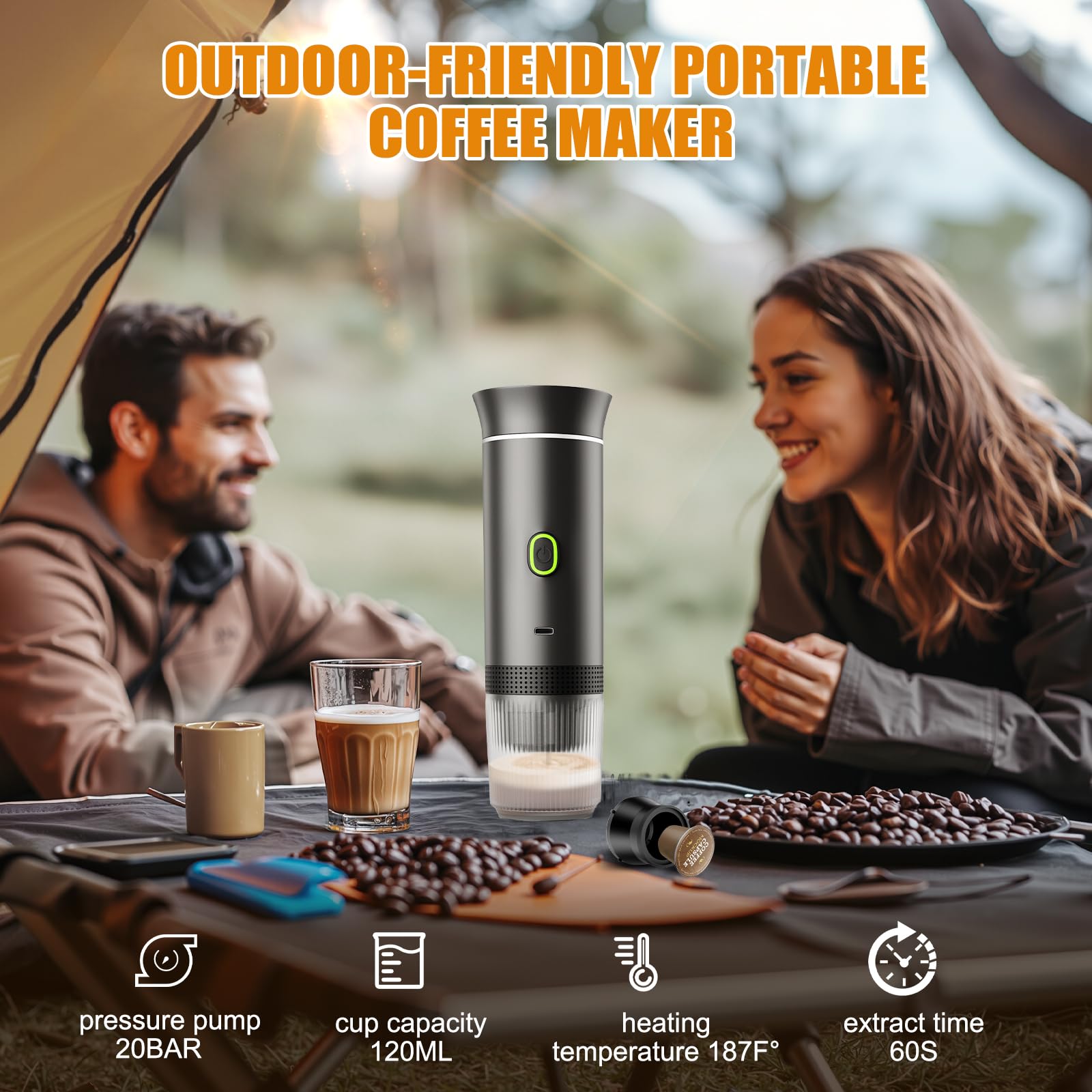 Portable Electric Espresso Maker, 20 bar Mini Travel Coffee maker, Expresso Coffee Machines with USB-C,3-in-1 Car Coffee Maker Self-Heating, Ground Coffee & Capsule(Ns&DG) for Office, Camping, RV