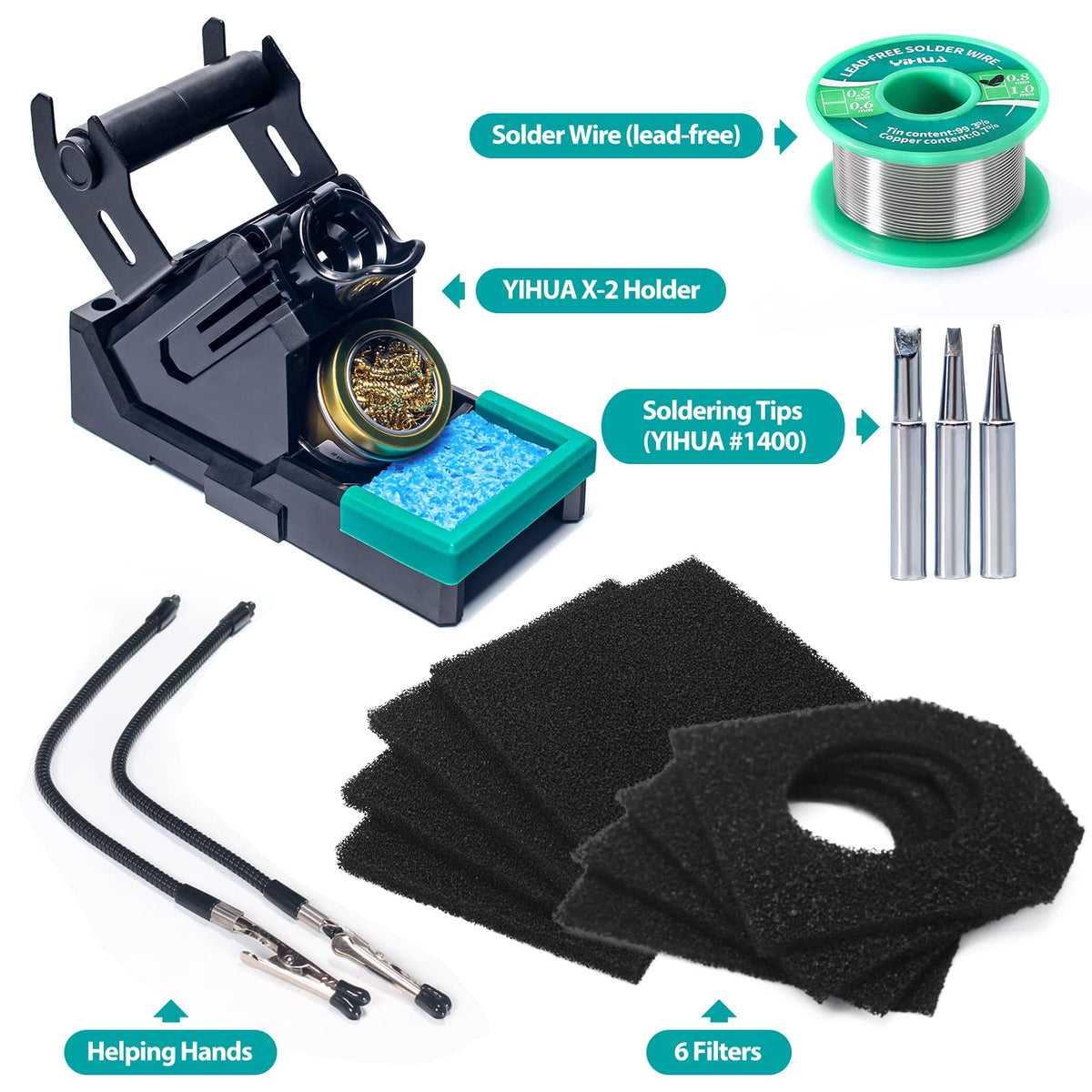 YIHUA 948DQ-III 2-IN-1 Solder Fume Extractor Fan 110W Soldering Station Kit Smoke Absorber Tiltable Angle Temp Display w Helping Hands Iron Holder Extra 3 Iron Tips 8 Filters 35g Lead-Free Solder Wire