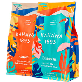 KAHAWA 1893 - Whole Coffee Beans - Single Origin Combo - Kenyan and Ethiopian - Perfect Freshly Brewed - As Seen on Shark Tank - 2 ct