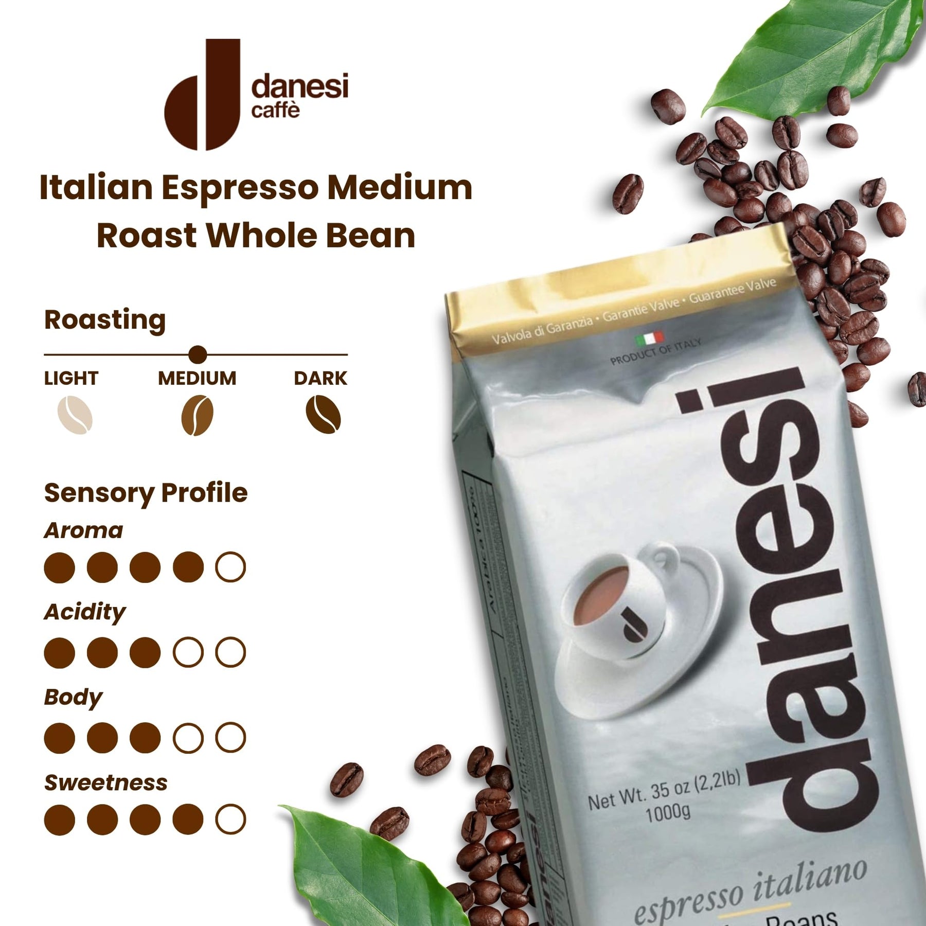 Danesi Caffe Italian Whole Coffee Beans - Espresso Coffee Beans and Medium Roast Whole Bean - Perfect for Espresso Machines, French Press, and Home Brewing - Gold (2.2 lb)